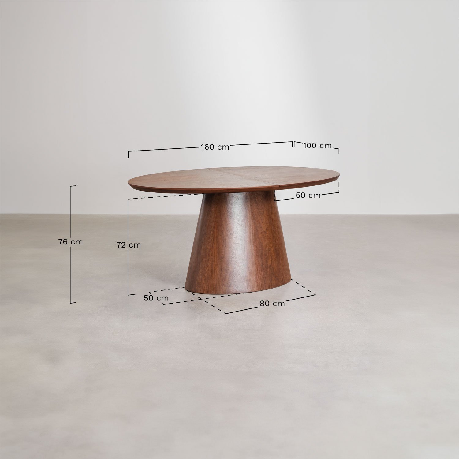 Mesa de comedor ovalada 160-200x100 cm extensible en MDF y chapa Gala, medidas
