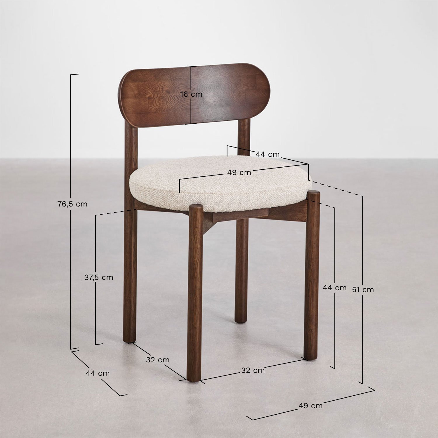 Set de mesa rectangular 200x100 cm en MDF Tuareg y 4 sillas de comedor en madera de roble y tela bouclé Bianca, medidas