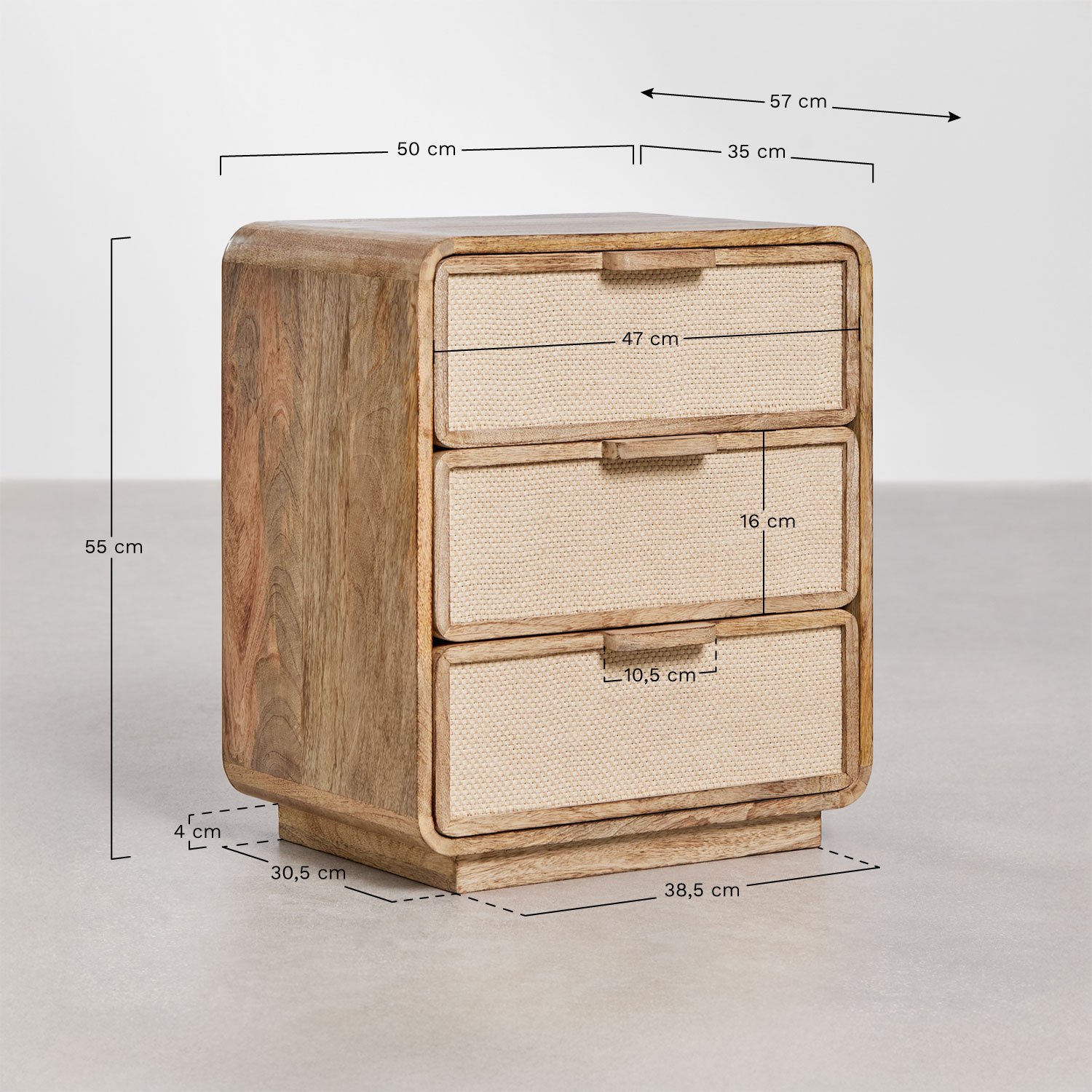 Mesita de noche rectangular 50x35 cm en madera de mango, MDF y yute Abrams , medidas