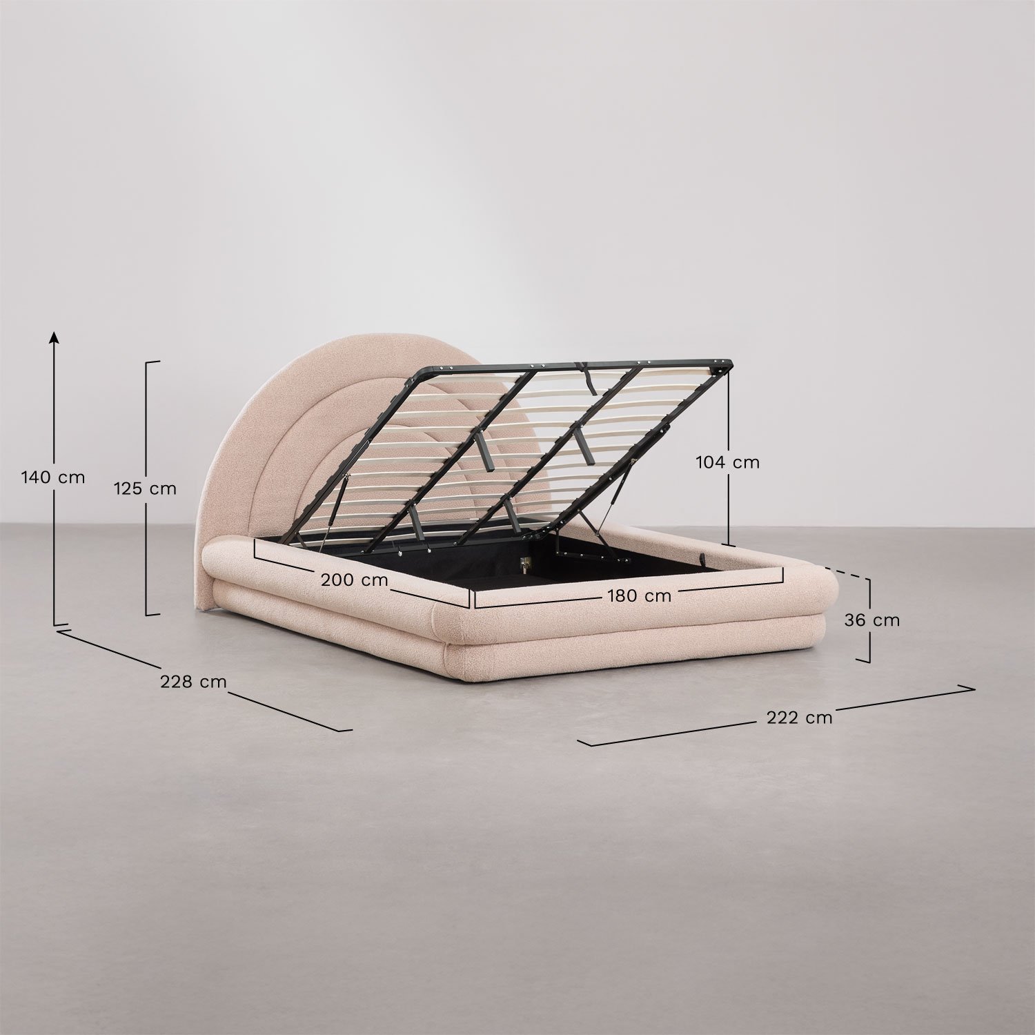 Cama con canapé abatible en tela bouclé Borzensi  , medidas