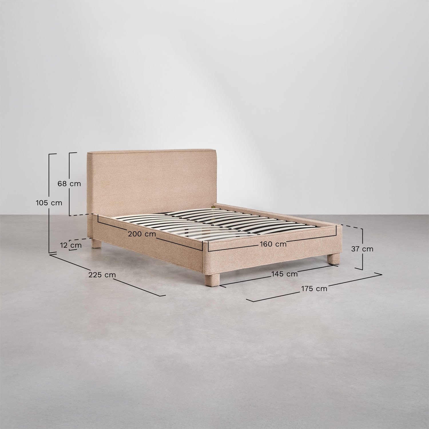 Cama en tela chenilla gruesa Jokin, medidas