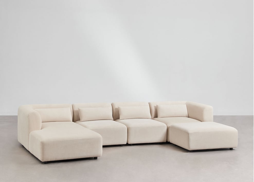 Sofá modular chaise longue izquierdo de 4 piezas con puff Fogler - Pana Beige Lino