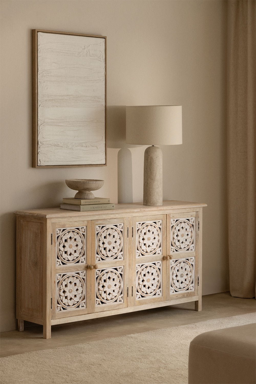 aparador boho madera clara, aparador madera tallada flores