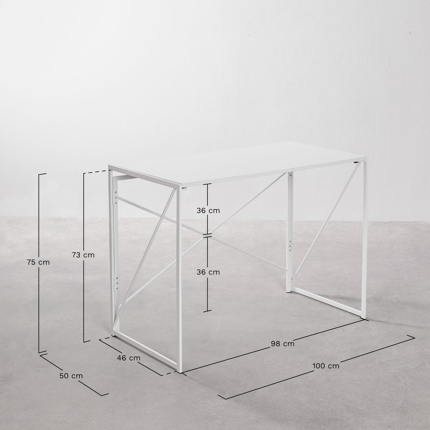 Escritorio rectangular 100x50 cm plegable en MDF y metal Andra, medidas