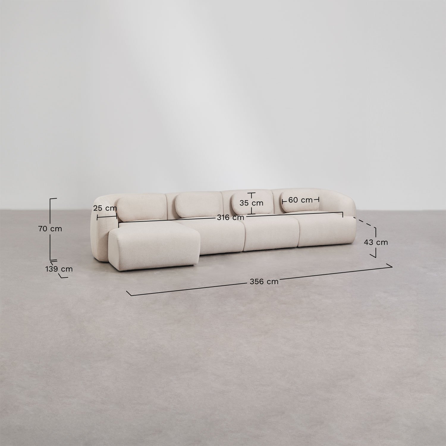 Sofá modular chaise longue izquierdo de 4 piezas en chenilla Coquette, medidas
