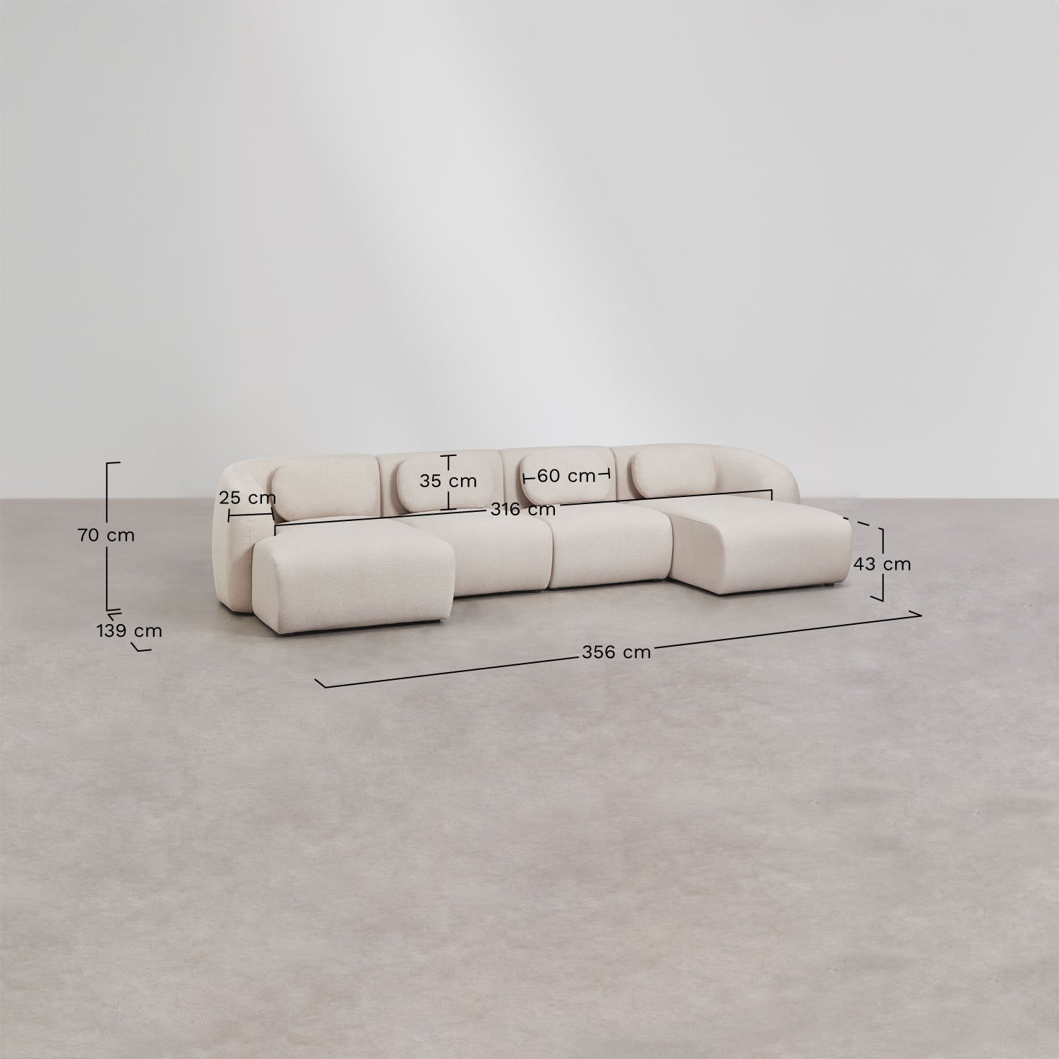 Sofá modular con doble chaise longue de 4 piezas en chenilla Coquette , medidas