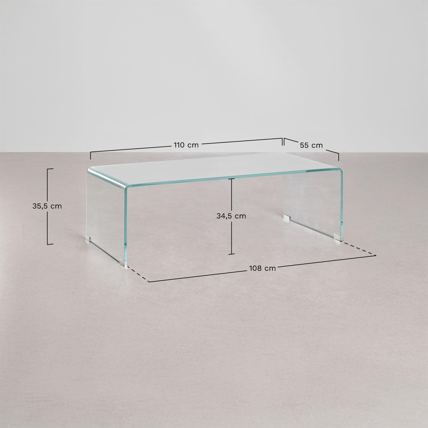 Mesa de centro en cristal transparente (110x55 cm) Crhis, medidas