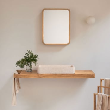 Conjunto De Mueble De Baño 130x45 Cm Suspendido En Madera De Teca Neill Madera De Teca & Rectangular Cemento Blanco 60x30 Cm Ronald & - Sklum