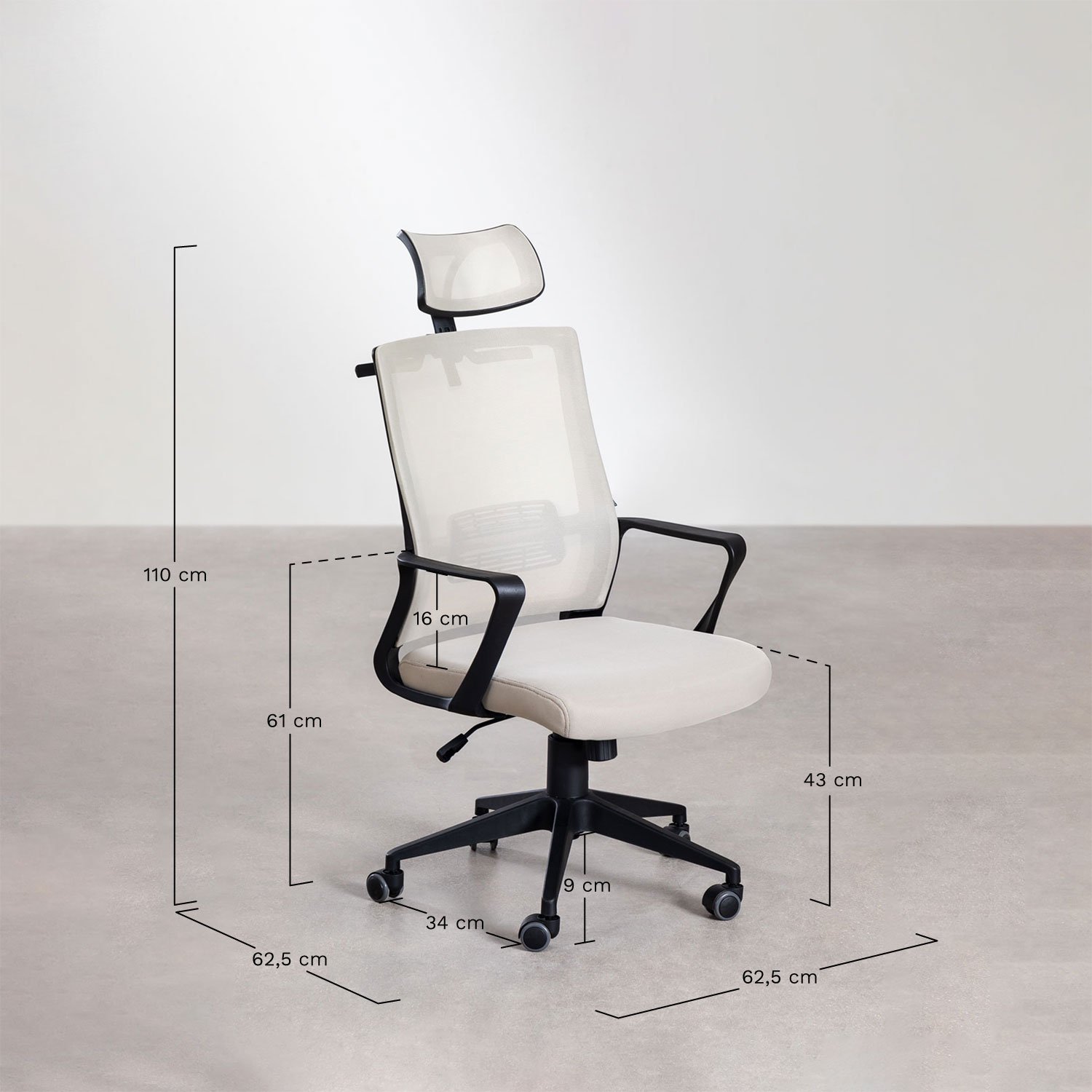 Silla de oficina con ruedas y reposacabezas en polipropileno Teill Black     , medidas