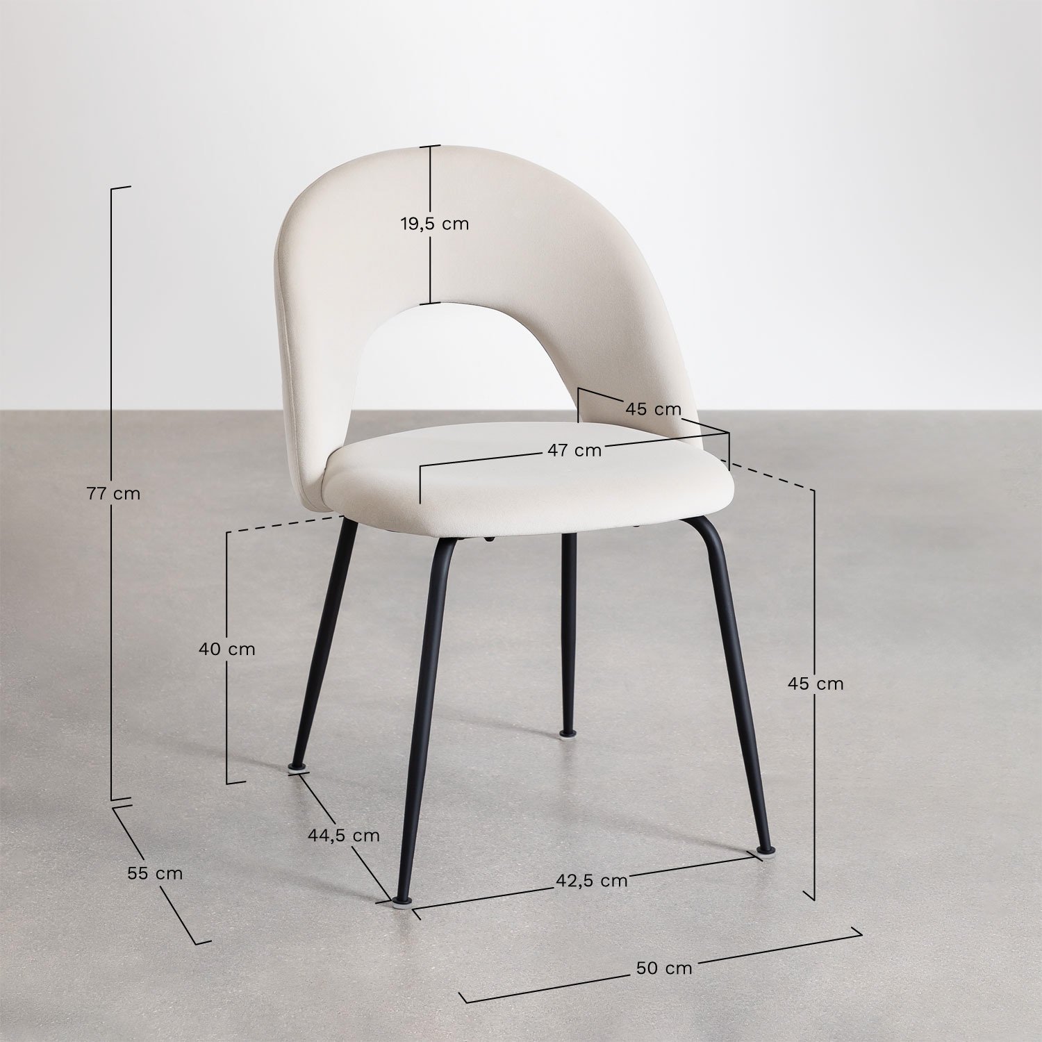 Pack de 2 sillas de comedor tapizadas Glorys, medidas
