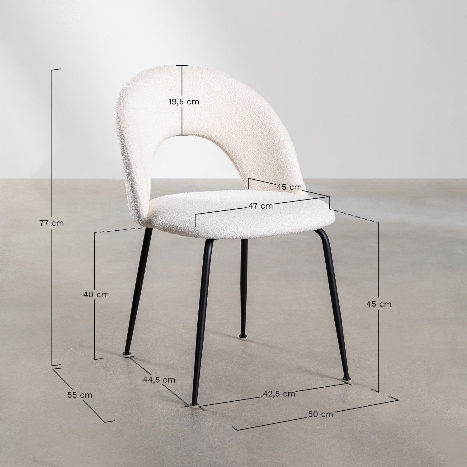 Pack de 4 sillas de comedor tapizadas Glorys, medidas