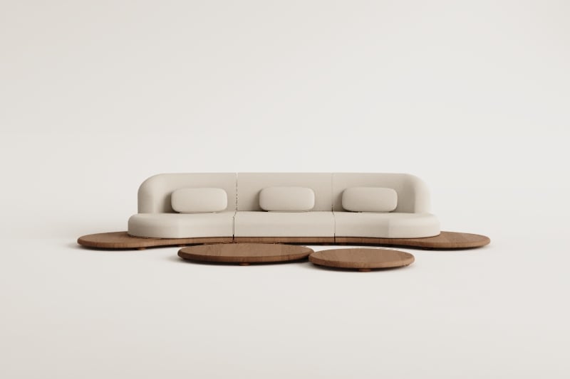 Conjunto de jardín con sofá modular recto de 3 piezas y 2 mesas de centro en madera de acacia Gerard