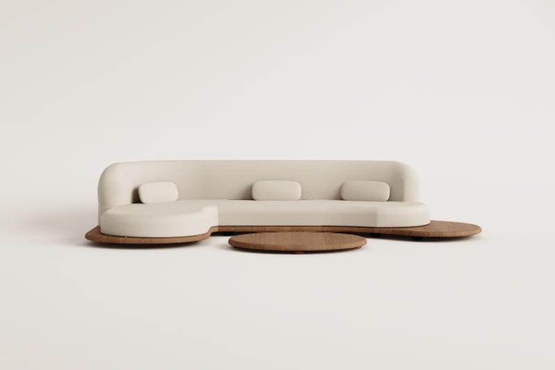 Conjunto de jardín con sofá modular chaise longue izquierdo de 3 piezas y mesa de centro en madera de acacia Gerard