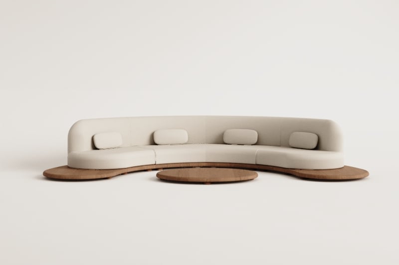 Conjunto de jardín con sofá modular en U de 4 piezas y mesa de centro ovalada 120x95 cm en madera de acacia Gerard