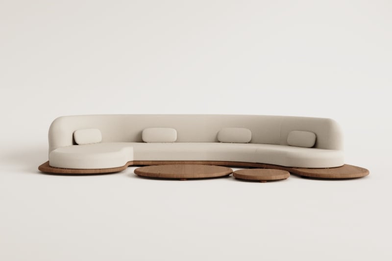 Conjunto de jardín con sofá modular chaise longue izquierdo de 4 piezas y 2 mesas de centro en madera de acacia Gerard