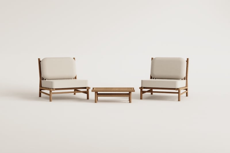 Conjunto de jardín con 2 sillones y mesa auxiliar rectangular 75x40 cm en bambú Isendra 