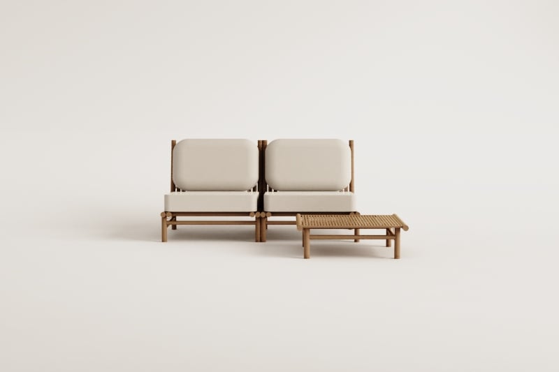 Conjunto de jardín con sofá modular de 2 piezas y mesa de centro cuadrada 75x75 cm en bambú Isendra 