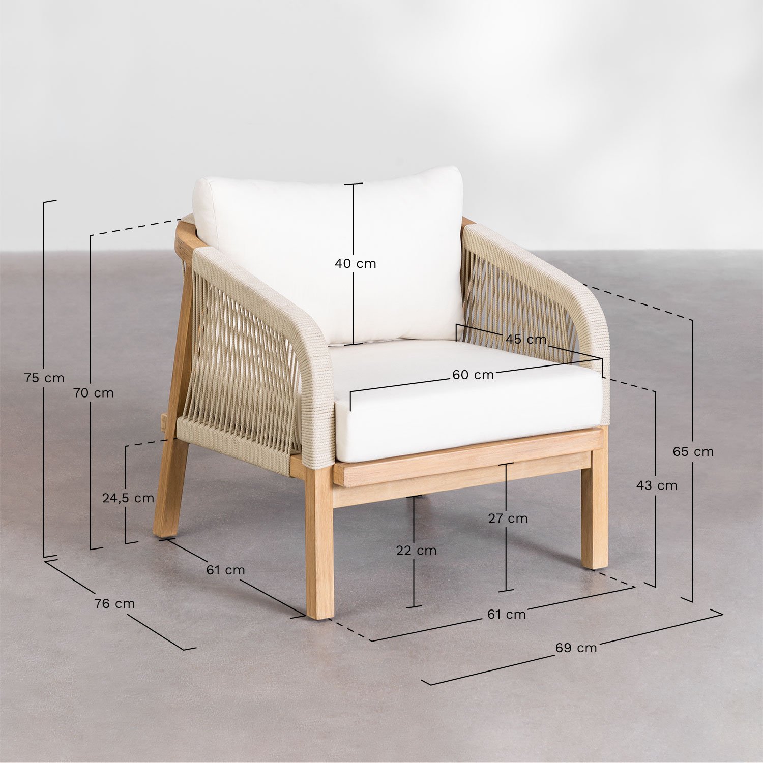 Sillón de jardín en madera de acacia Dubai, medidas