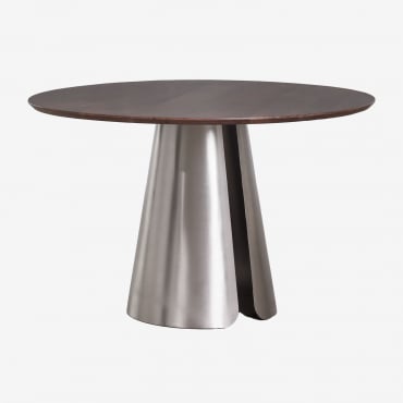 Mesa De Comedor Redonda Ø120 Cm En Acero Inoxidable Baelor Madera Mango Oscura - Sklum