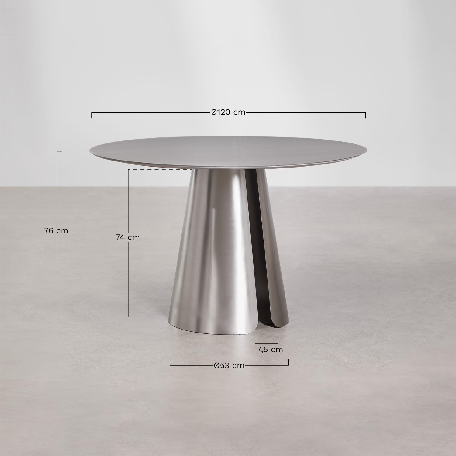 Mesa de comedor redonda Ø120 cm en acero inoxidable Baelor, medidas