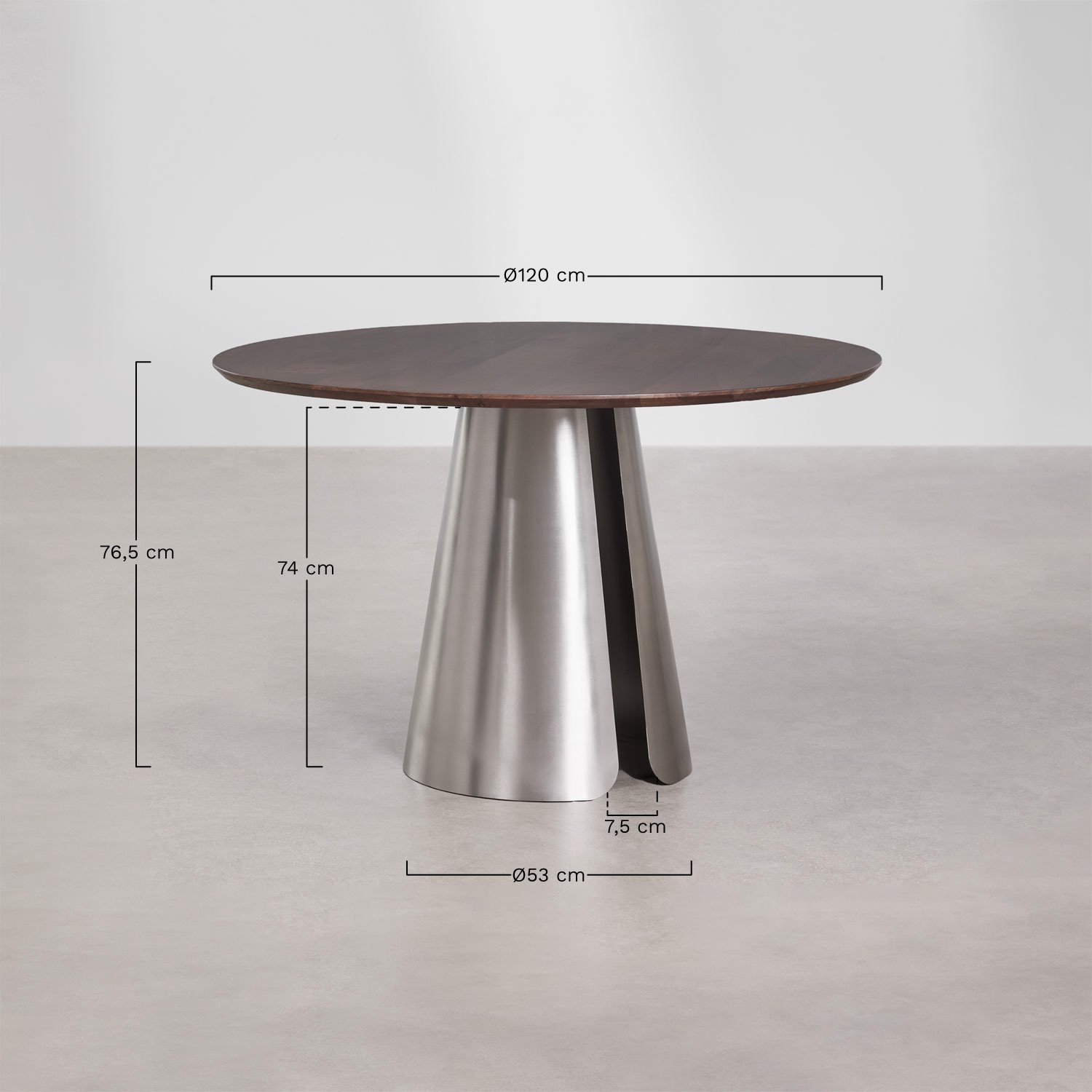 Mesa de comedor redonda Ø120 cm en acero inoxidable Baelor, medidas