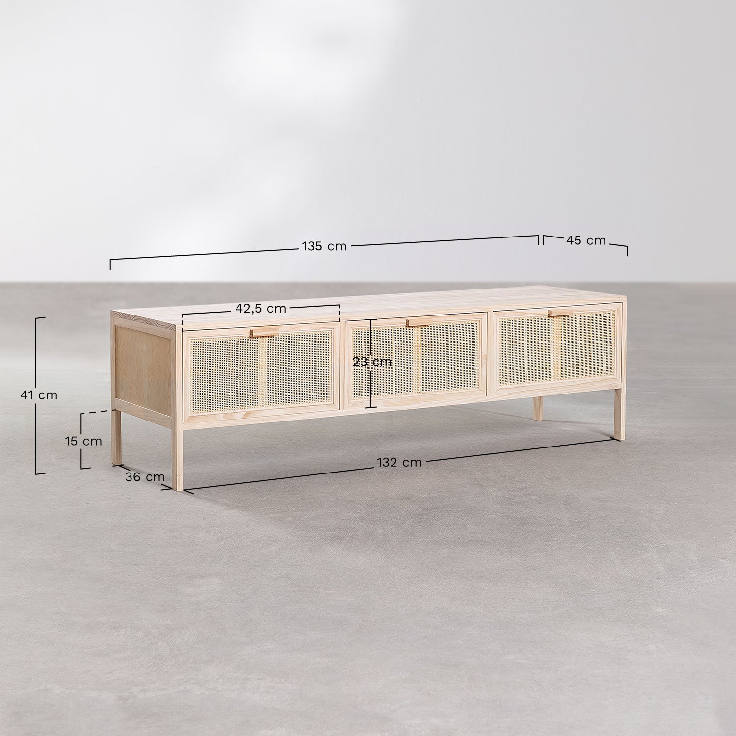 Mueble TV 135x45 cm en ratán y madera Reyna  , medidas