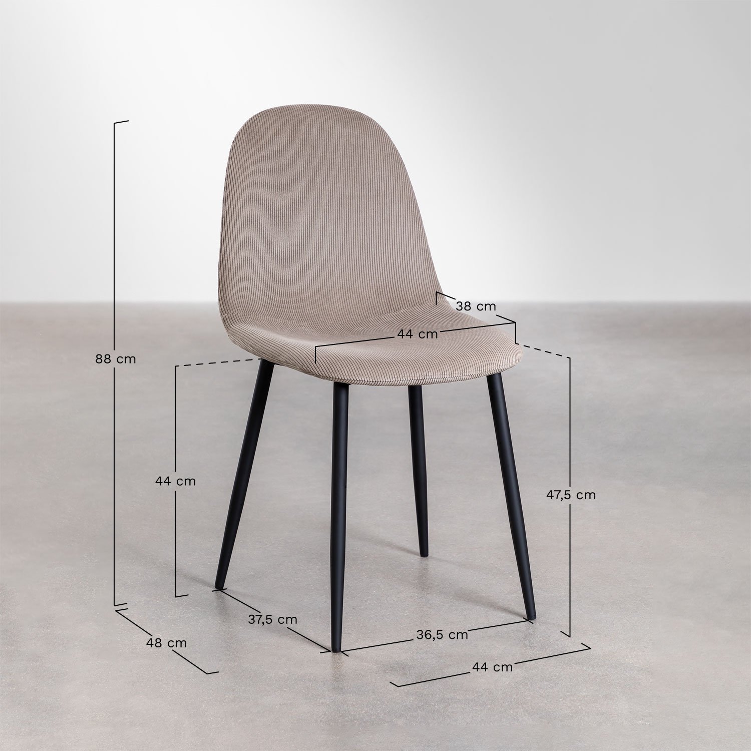 Silla de comedor tapizada Glamm, medidas