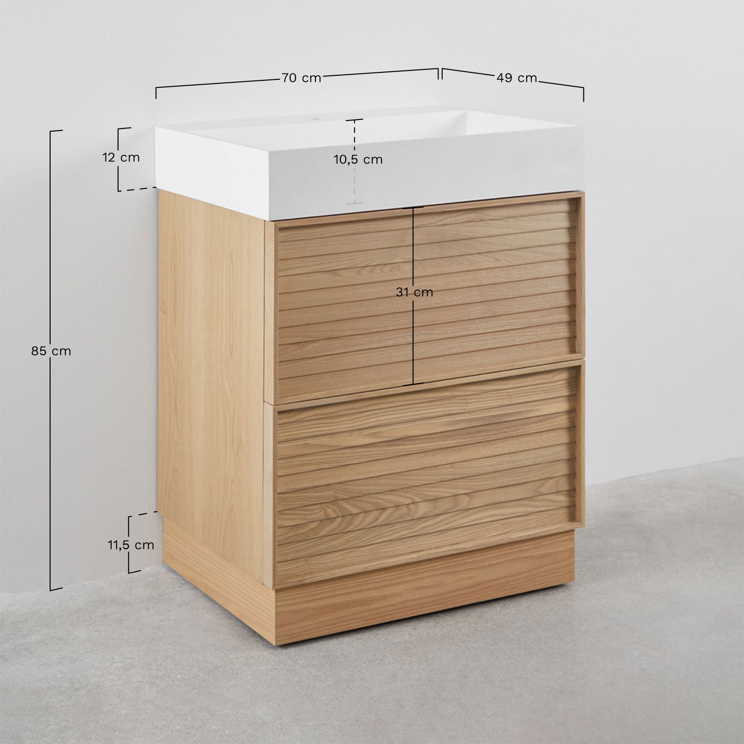 Conjunto de mueble de baño en madera con lavabo integrado Jolene, medidas
