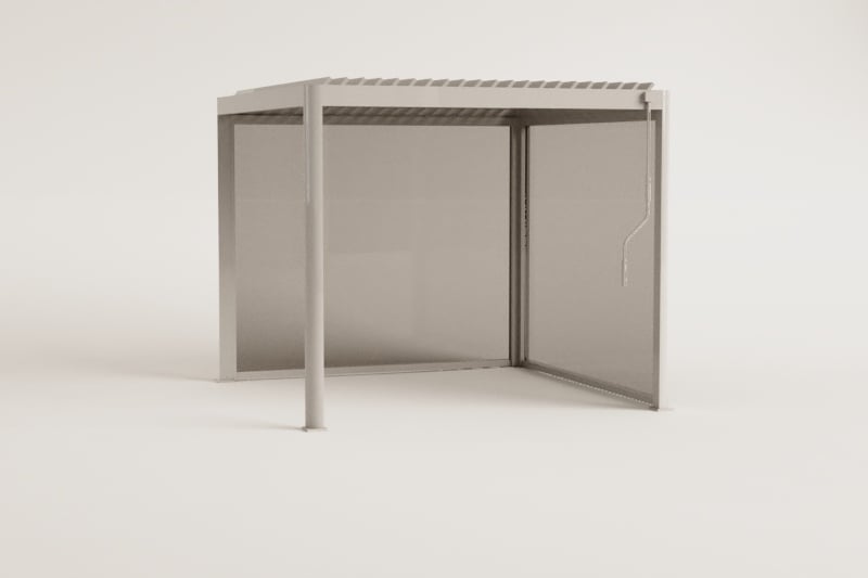 Pérgola bioclimática de lamas con toldos laterales en aluminio Druvia