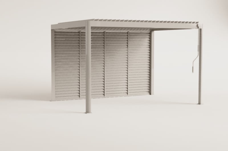 Pérgola bioclimática de lamas con panel lateral en aluminio Druvia