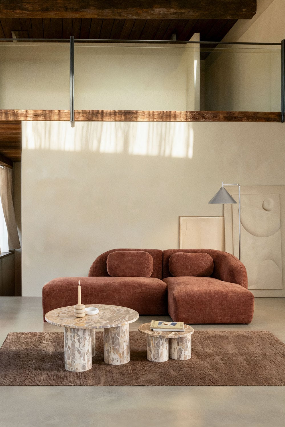 Sofá modular chaise longue Coquette en chenilla terracota