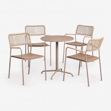 Set De Mesa De Jardín Redonda Ø65 Cm Y 4 Sillas De Jardín Apilables En Acero Y Madera De Acacia Tilda Marrón Moka - Sklum