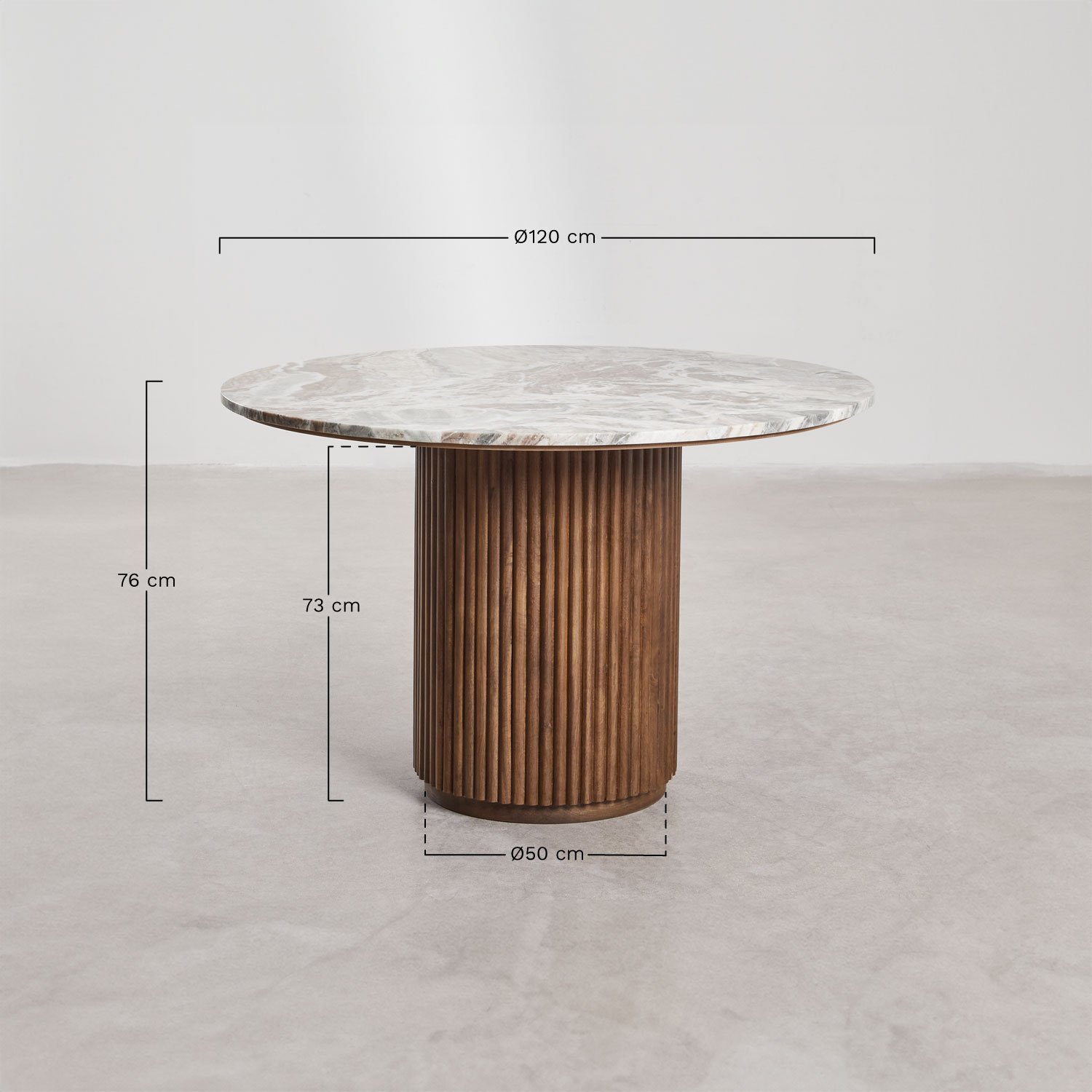 Set de mesa redonda Ø120 cm en mármol y madera de mango Giselda y 4 sillas de comedor en terciopelo Xastru , medidas