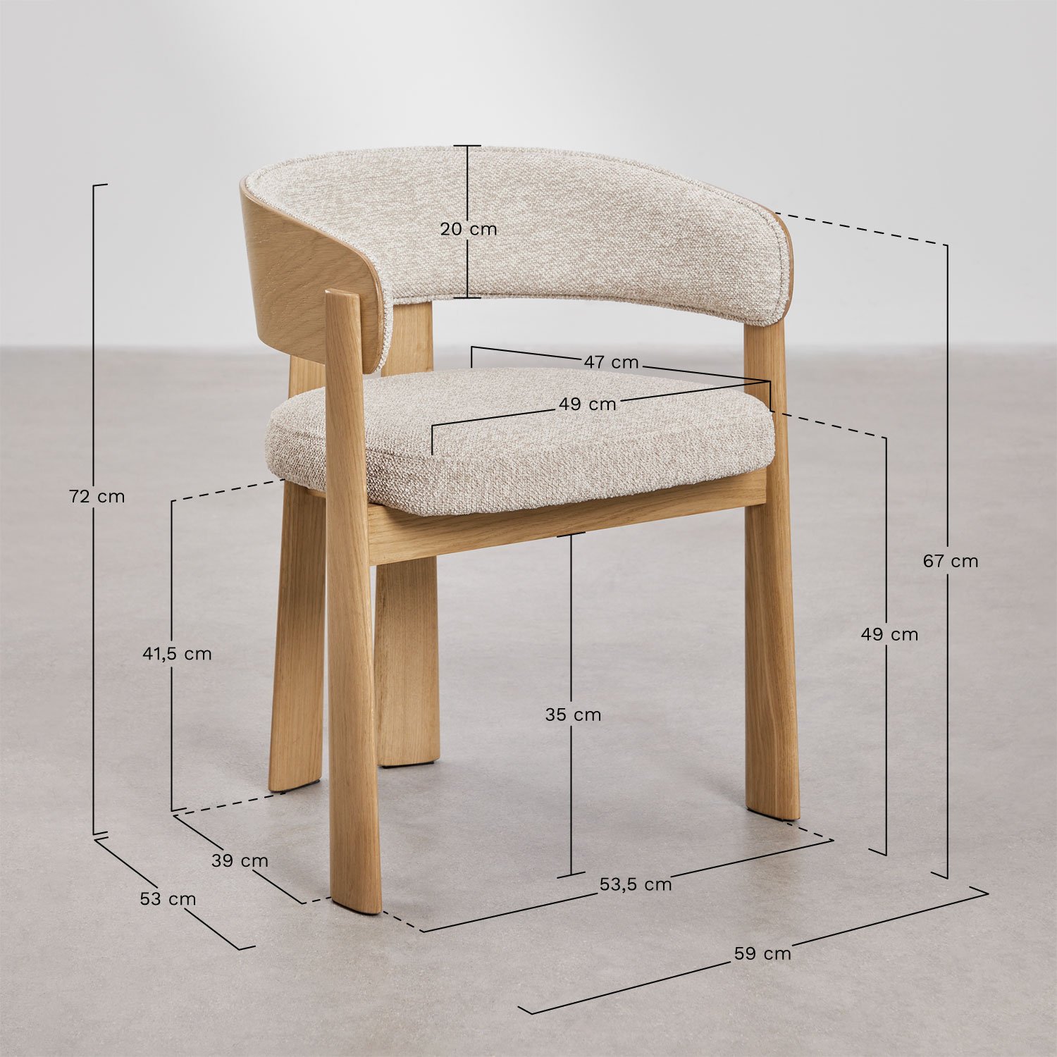 Pack de 4 sillas de comedor en madera de roble y tapizadas Olea, medidas