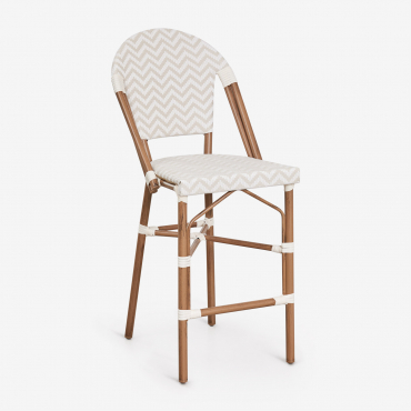 Taburete Alto Apilable De Jardín Con Respaldo En Aluminio Y Ratán Sintético Brielle Bistro Beige Nude - Blanco Gardenia & ↑65 Cm - Sklum