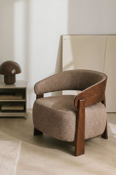 Sillón en madera de roble tapizado Olea - Chenilla Marrón Trigo