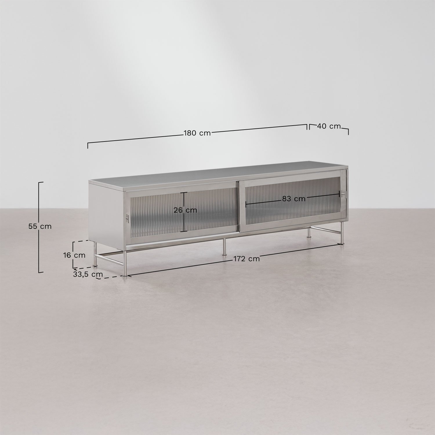 Mueble TV 180x40 cm en acero y cristal Paoline, medidas