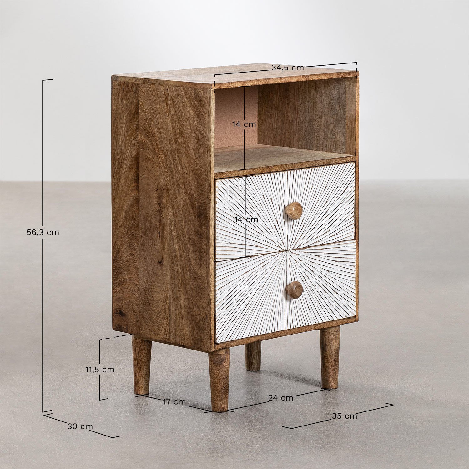 Mesita de noche rectangular 35x30 cm en madera de mango Kaobany , medidas