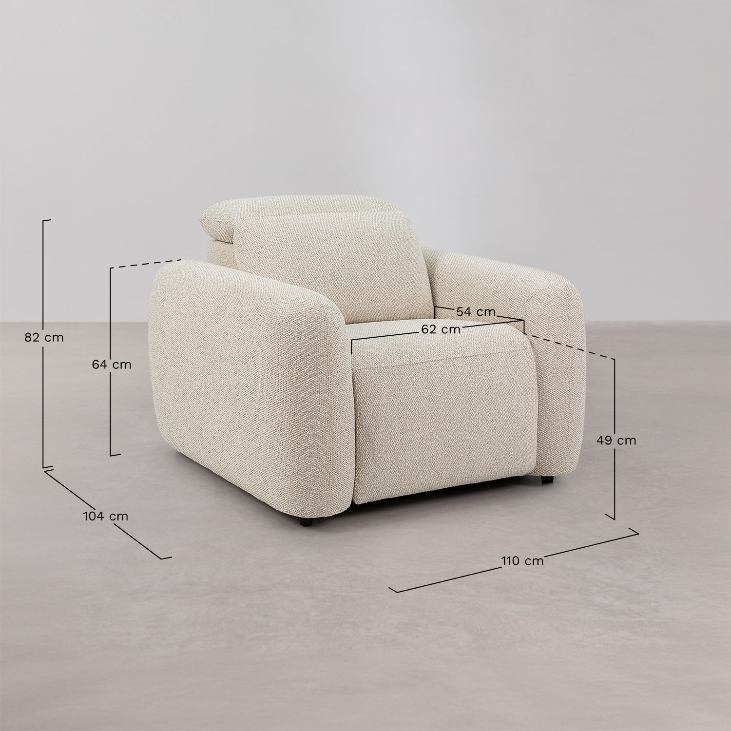 Pack de 2 sillones reclinables eléctricos tapizados Peggy, medidas