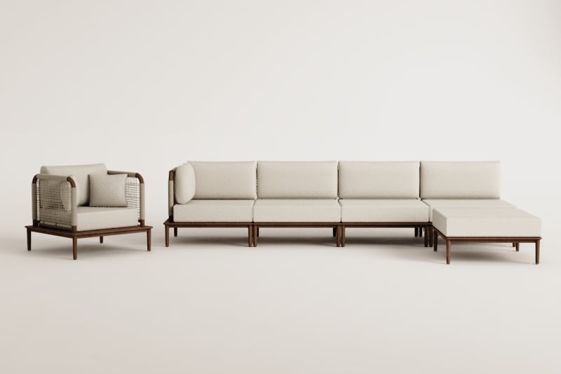 Conjunto de jardín con sofá modular esquinero de 4 piezas con puff y sillón en acacia Giulia