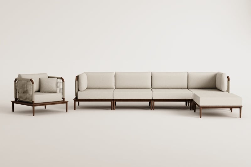 Conjunto de jardín con sofá modular de 4 Piezas con 2 sillones esquineros,puff y sillón en acacia Giulia   