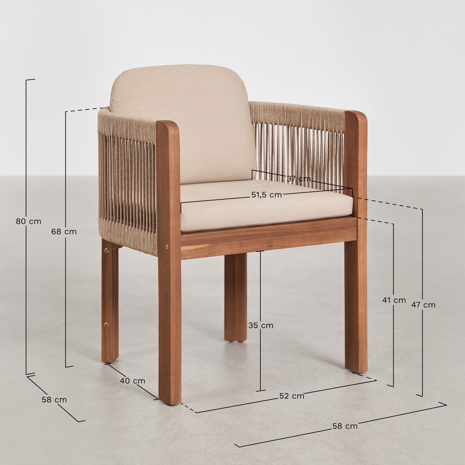 Silla de jardín con reposabrazos en madera de acacia y cuerda trenzada Serel, medidas