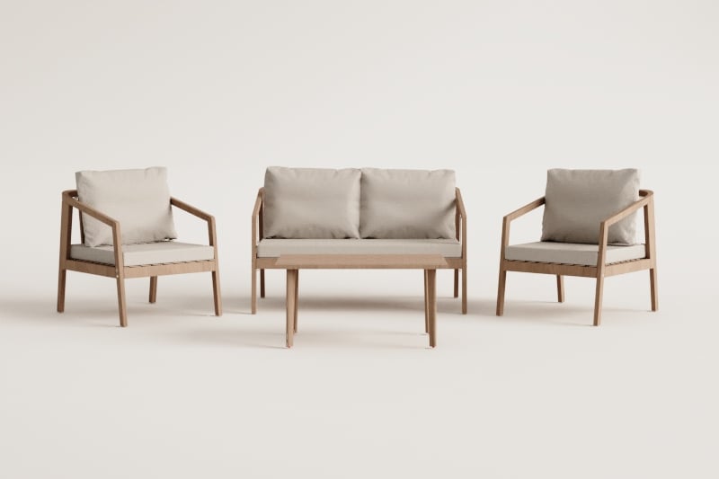 Conjunto de jardín con sofá, 2 sillones y mesa de centro en madera de acacia Kaela