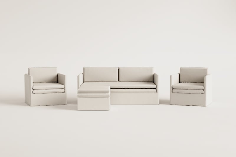 Conjunto de salón con sofá de 3 plazas, 2 sillones y puff en lino y algodón Grace