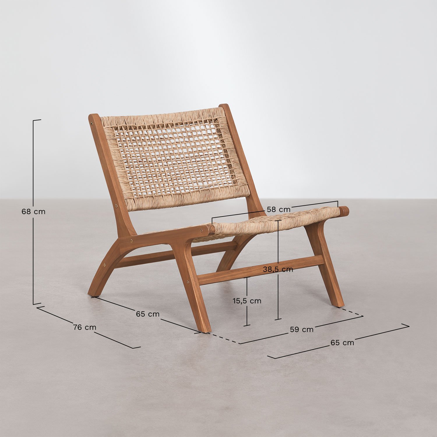 Sillón en madera de acacia y ratán Verlian, medidas