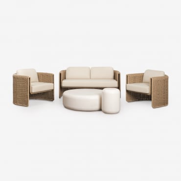 Conjunto De Salón Con Sofá De 2 Plazas, 2 Sillones En Acero Y Mimbre Sintético Lina Y 2 Mesas De Centro En Cemento Fonelas Tela Blanco Gardenia -