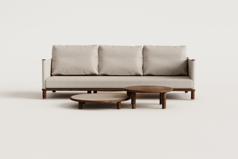 Conjunto de salón con sofá de 3 plazas y 2 mesas de centro redondas en madera de acacia Olivia