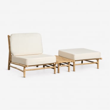 Conjunto De Jardín Con Sillón, Puff Y Mesa Auxiliar Rectangular 75x40 Cm En Bambú Isendra Tela Blanco - Sklum