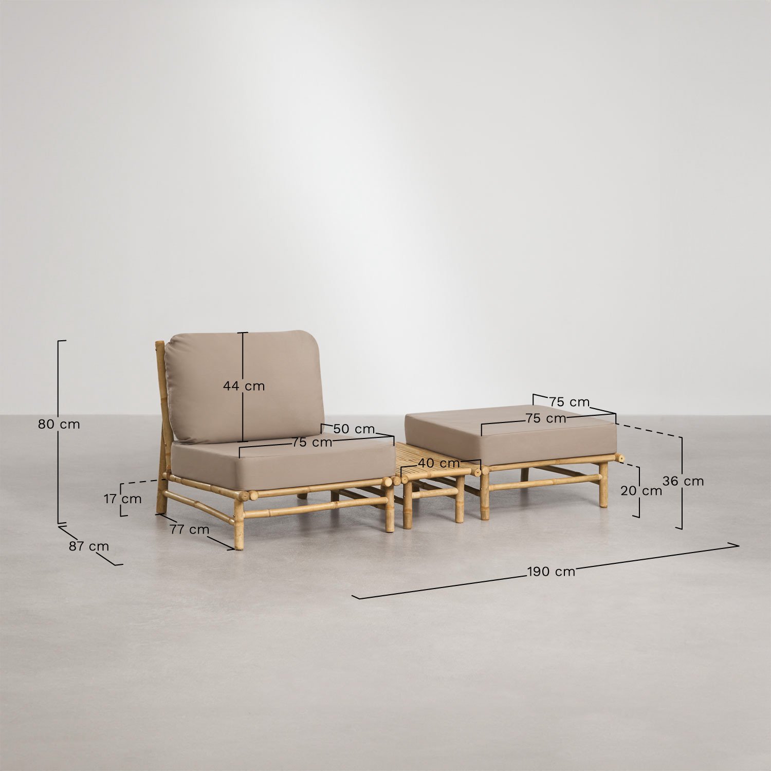 Conjunto de jardín con sillón, puff y mesa auxiliar rectangular 75x40 cm en bambú Isendra , medidas