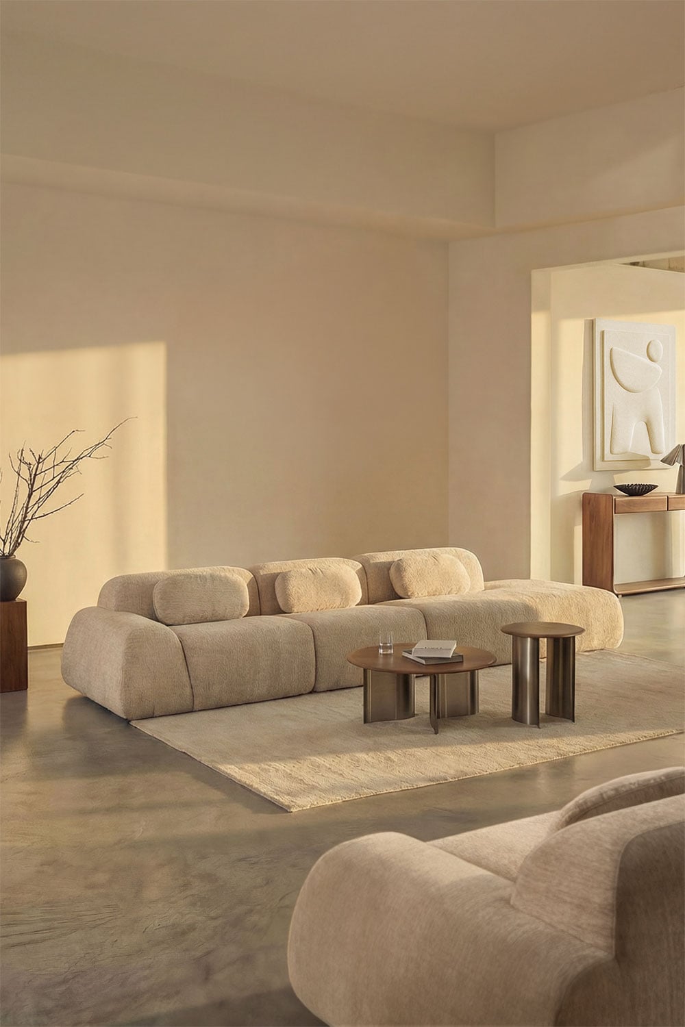 Sofá modular esquinero Merida de chenilla beige con diván derecho